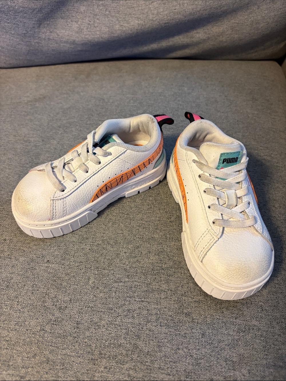Puma Kids White Sneakers with Orange Stripe and Pink Heel Tab